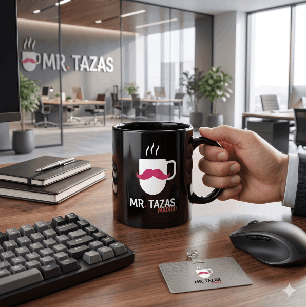 Tazas negras personalizadas con logotipo corporativo de gran contraste para oficinas