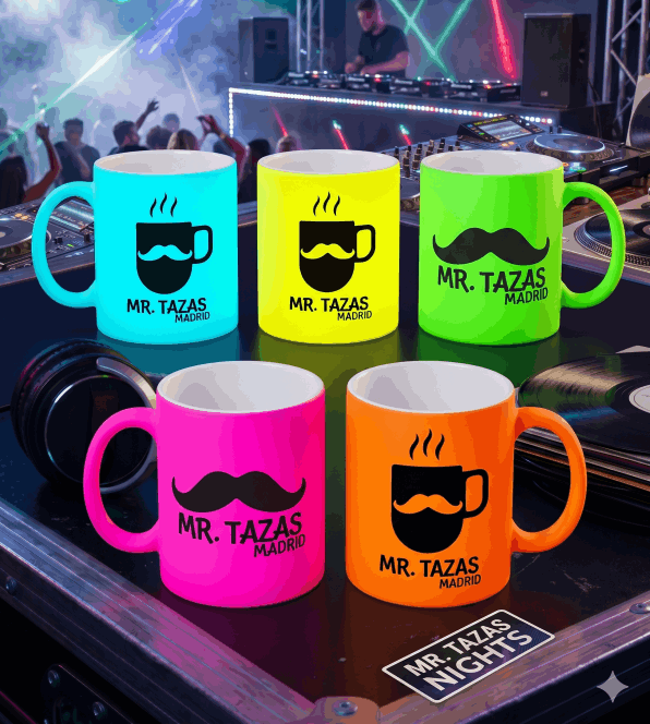 Tazas personalizadas flúor en colores neón amarillo, verde, rosa, naranja y azul para eventos nocturnos