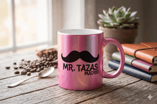 Taza metalizada premium con logo corporativo personalizado.