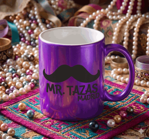 Taza personalizada con acabado perlado fabricada en taller de Coslada.