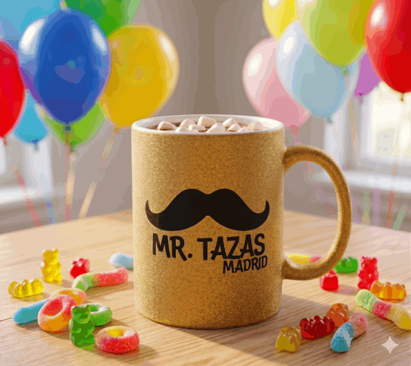 Taza con purpurina dorada personalizada con logo en Madrid.