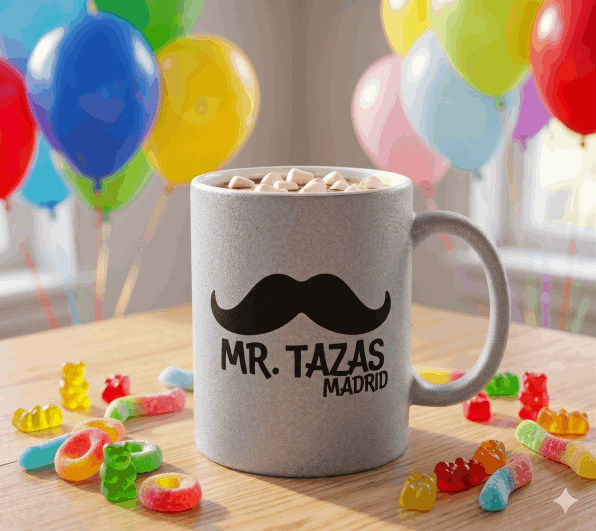 Producción de tazas con purpurina para eventos en taller de Madrid.