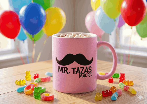 Taza personalizada con purpurina de colores vibrantes en Madrid.