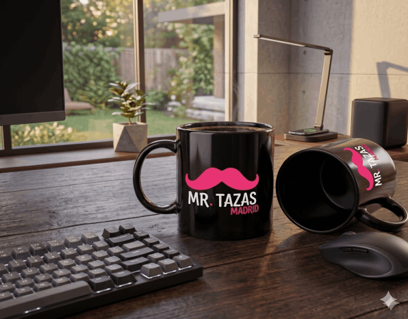 Impresión de tazas negras personalizadas con acabado satinado de alta calidad