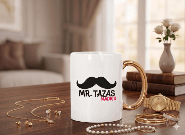 Taza personalizada premium con asa metálica para regalos corporativos.