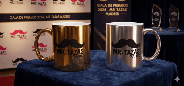 Taza metálica acabado espejo oro y plata para eventos corporativos.