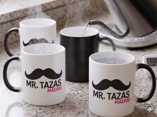 Producción de tazas mágicas personalizadas en taller de Coslada.