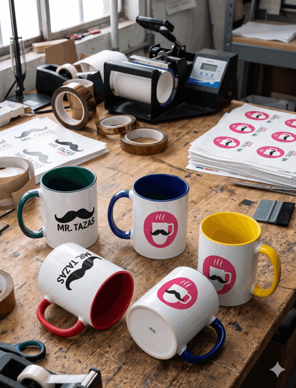 Impresión de tazas con asas de colores por sublimación con logotipos para empresas