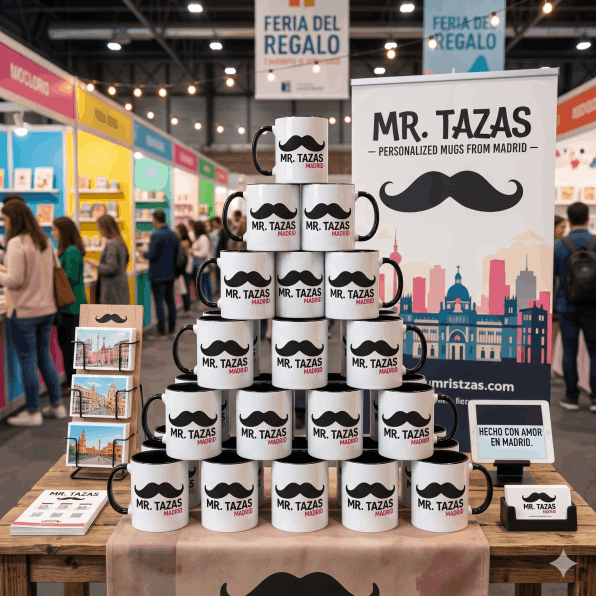 Tazas corporativas personalizadas expuestas en stand de feria para merchandising de marca