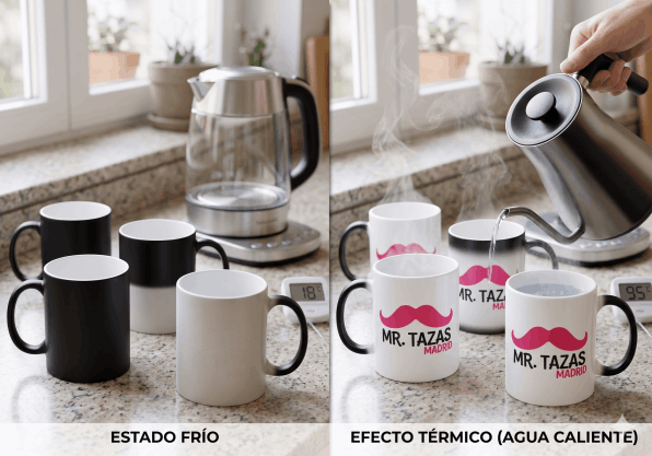 Impresión en tazas mágicas con efecto de calor en Madrid.