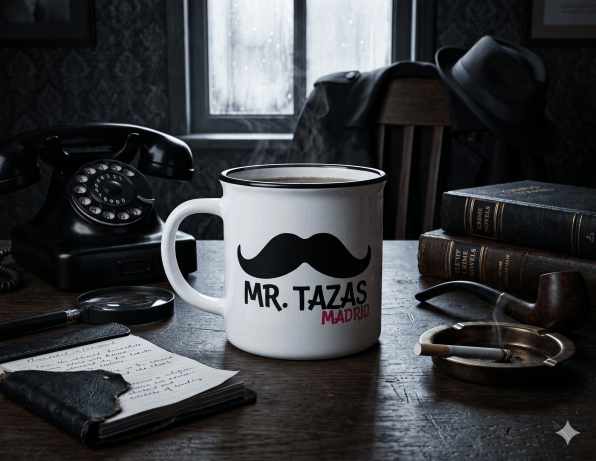 Taza estilo retro impresa con logo corporativo personalizado.